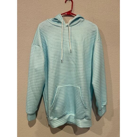 Men's Size Medium Waffle Knit Drawstring Pullover Hooded Sweatshirt Light Blue - Picture 1 of 5